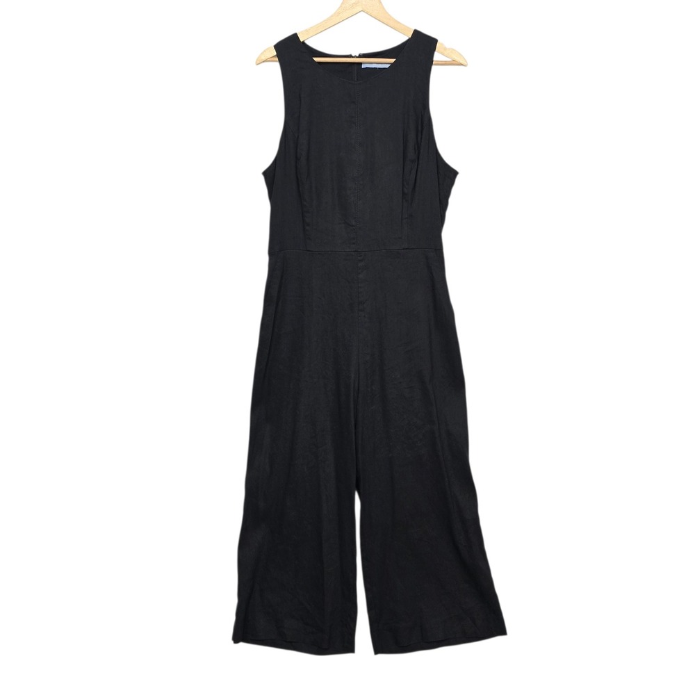 Antonio Melani Black Sleeveless Wide Leg Crop Jumpsuit Tie Waist Linen Blend‎